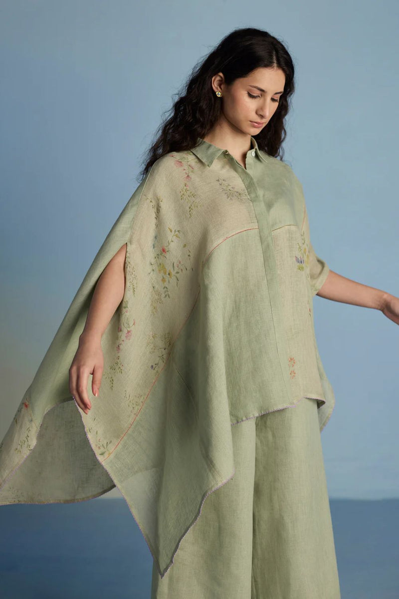 Osho Patchwork Kaftan Shirt - Mint linen by Manan in mint color for women in Singapore