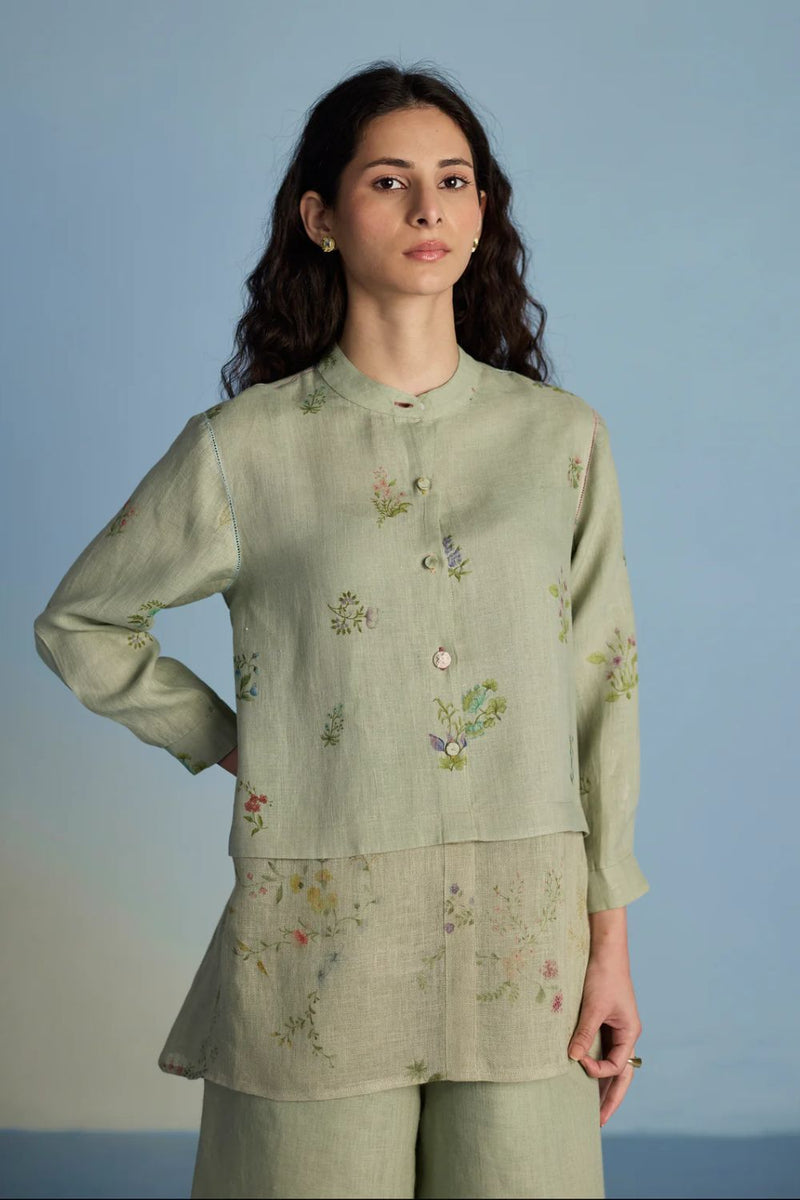 Leina A-Line Floral Linen Shirt - Mint linen by Manan in mint color for women in Singapore
