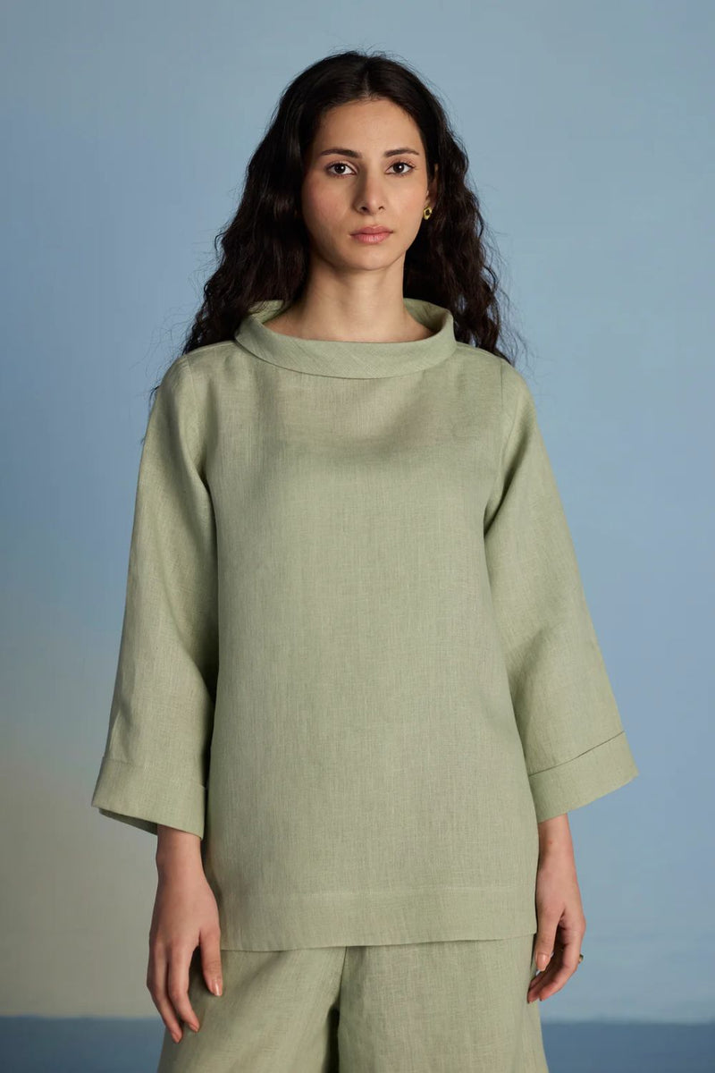 Ishi Boat-Neck Linen Top - Mint linen by Manan in mint color for women in Singapore