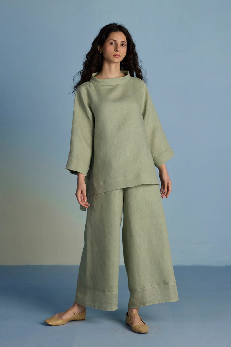 Ishi Boat-Neck Linen Co-ord Set - Mint linen by Manan in mint color for women in Singapore