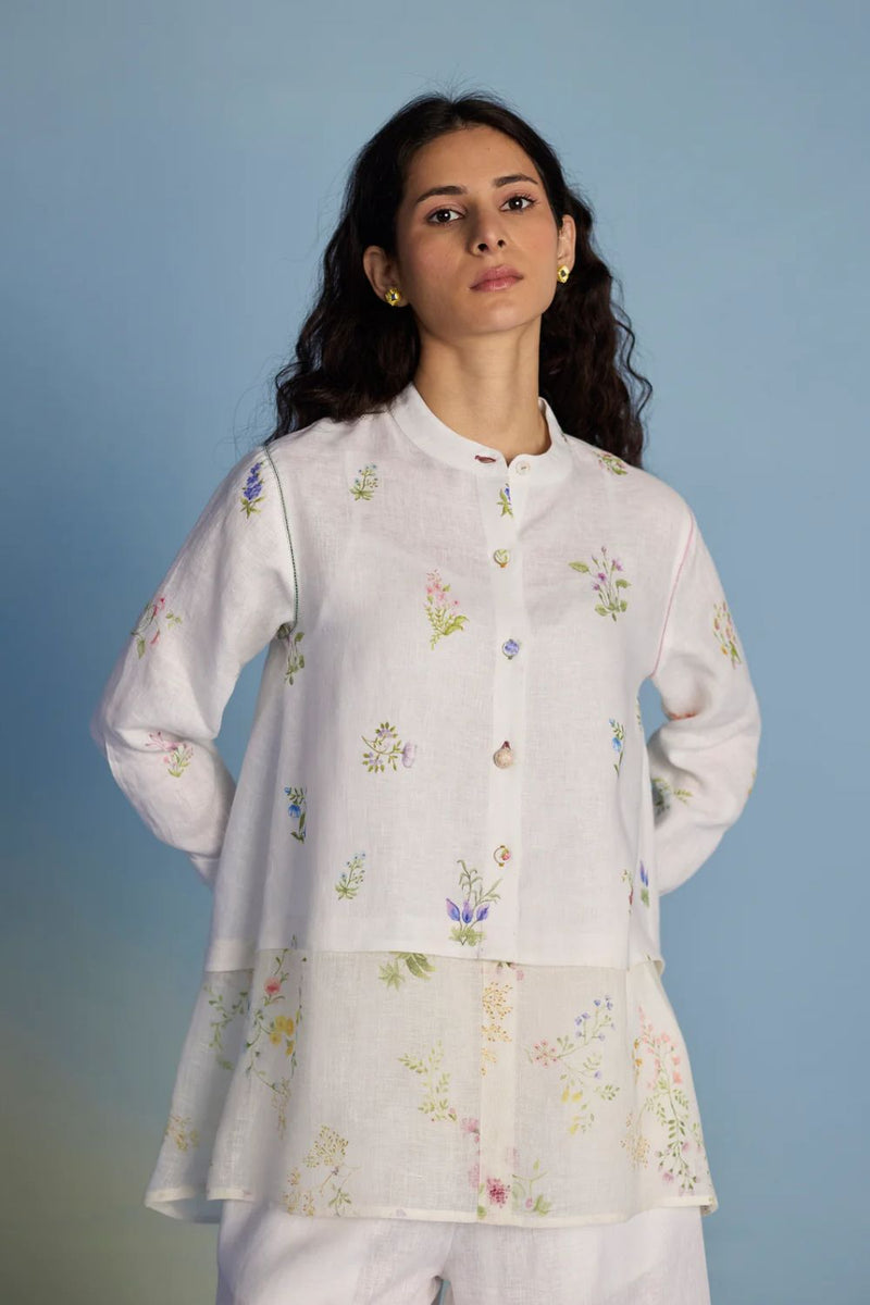Leina Floral Linen A-Line Shirt - White linen by Manan in white color for women in Singapore