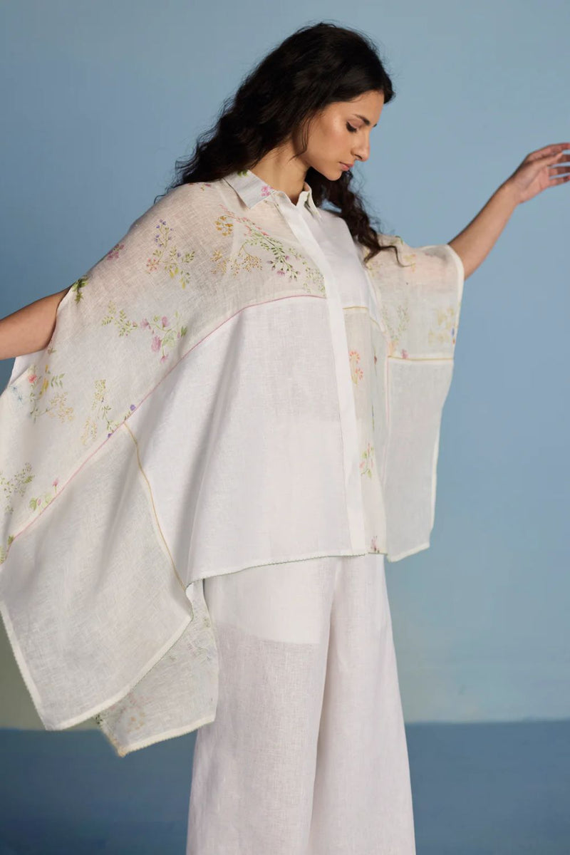 Osho Patchwork Kaftan Shirt - White linen by Manan in white color for women in Singapore