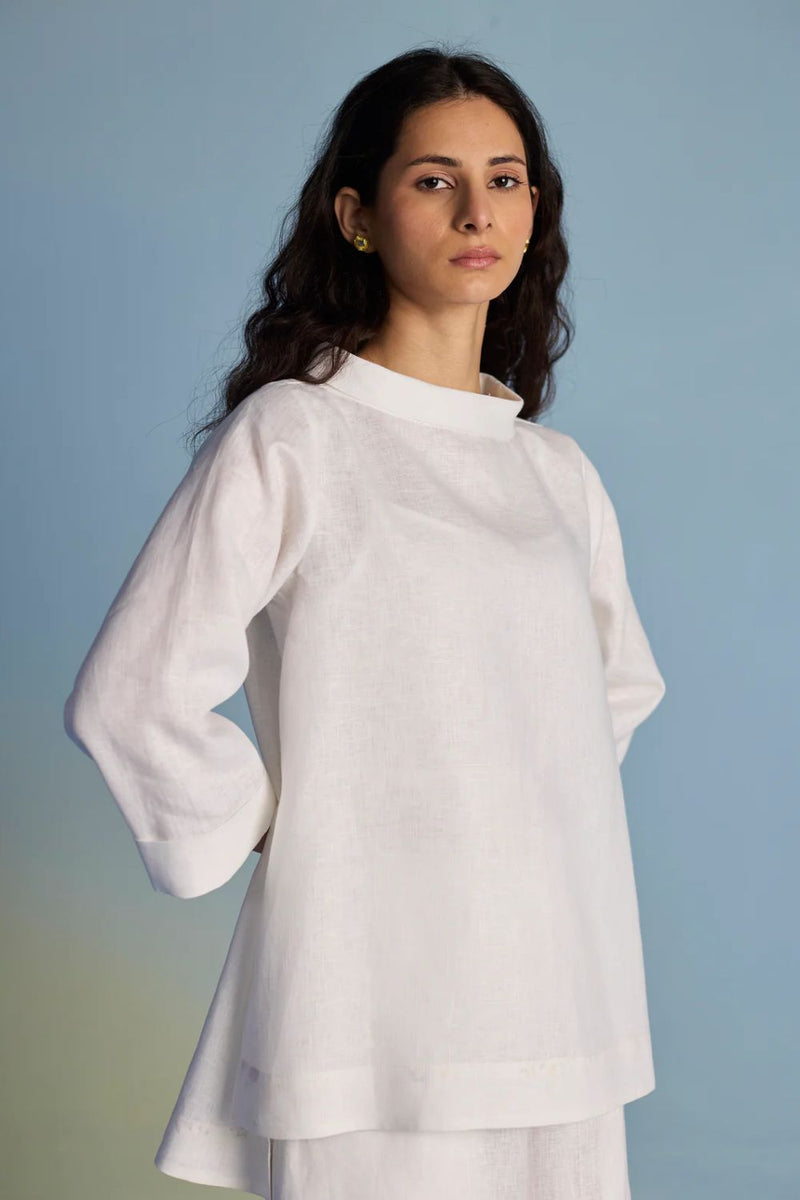 Ishi Boat-Neck Linen Top - White linen by Manan in white color for women in Singapore