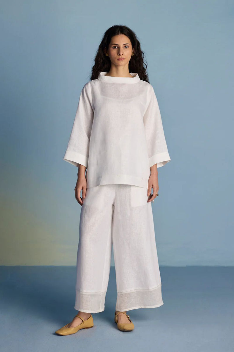 Ishi Boat-Neck Linen Co-ord Set - White linen by Manan in white color for women in Singapore