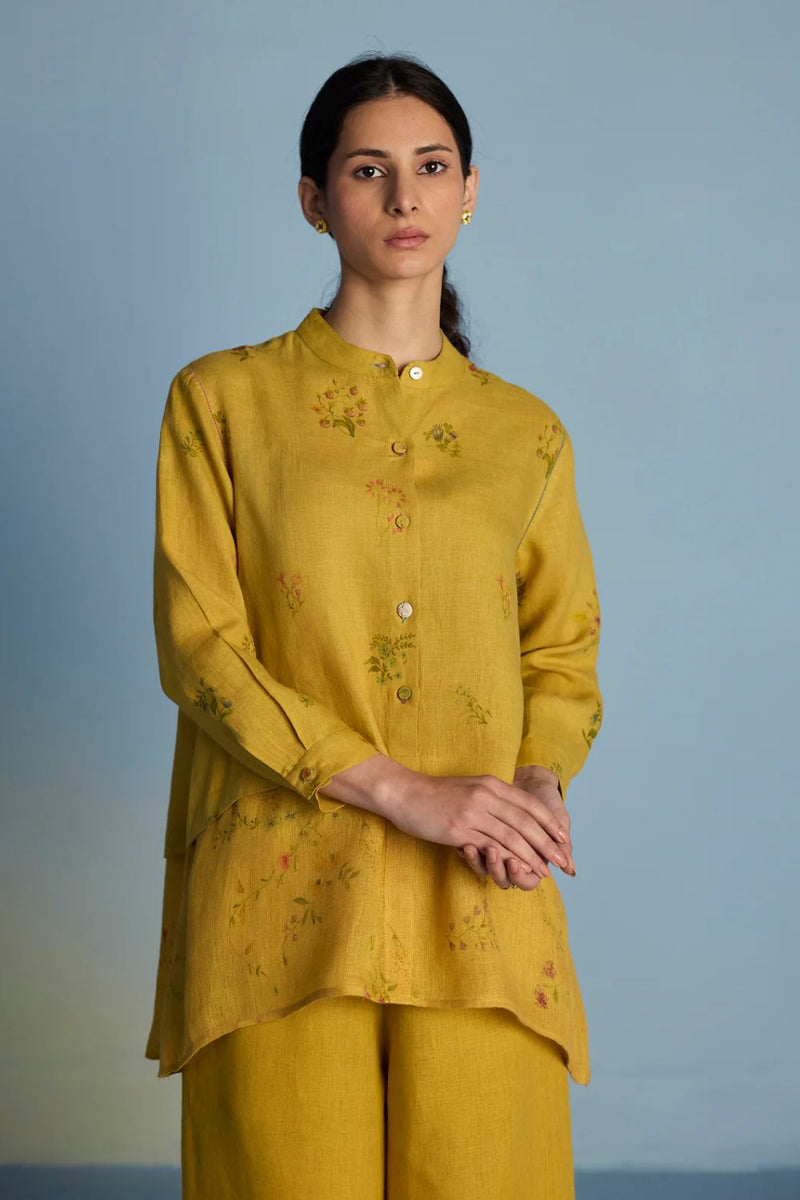 Leina A-Line Floral Linen Shirt - Ochre linen by Manan for women in Singapore