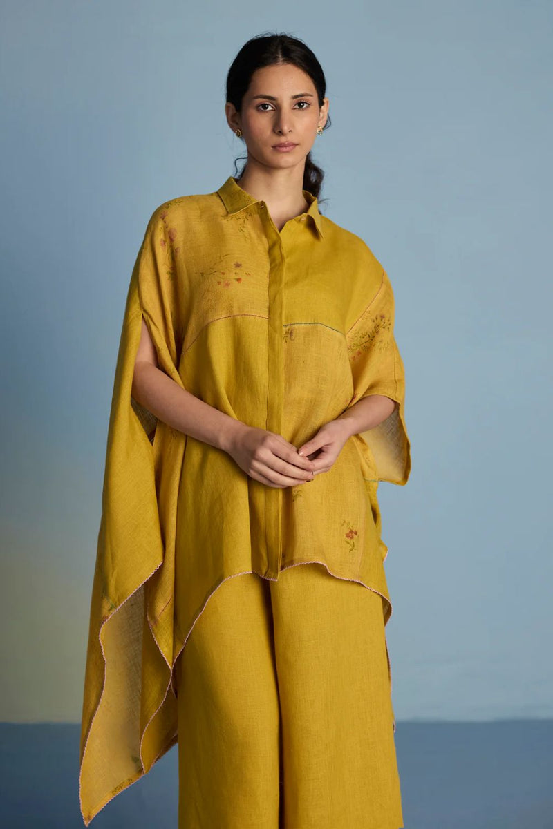 Osho Patchwork Kaftan Shirt - Ochre linen by Manan for women in Singapore