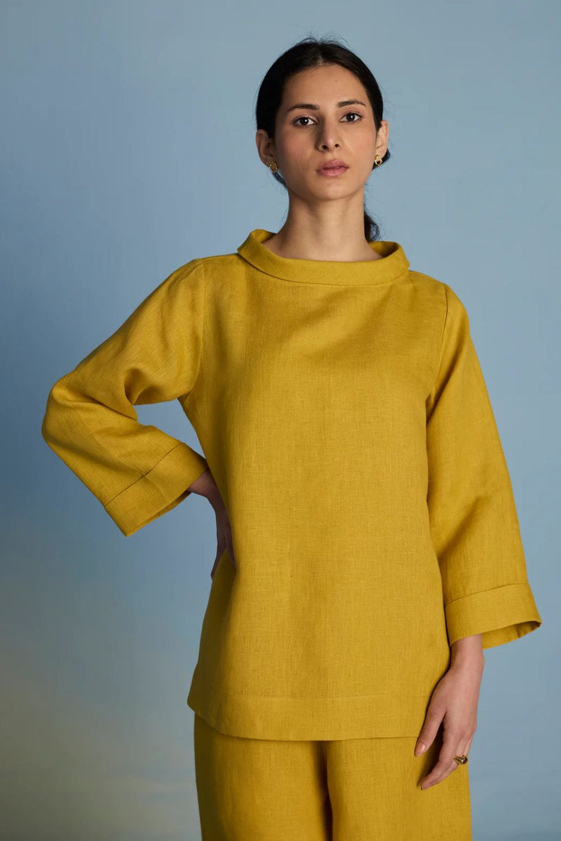 Ishi Boat-Neck Linen Top - Ochre linen by Manan for women in Singapore
