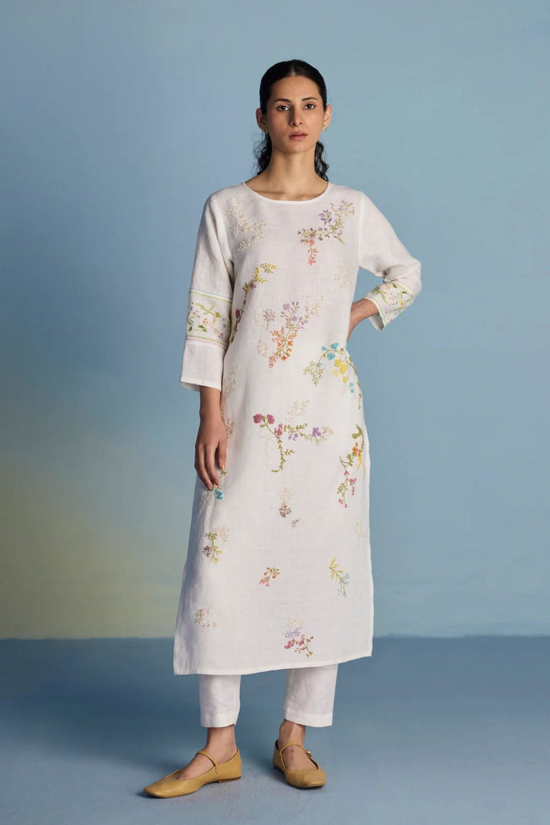 Emra Hand-Embroidered Linen Kurta - White linen by Manan in white color for women in Singapore