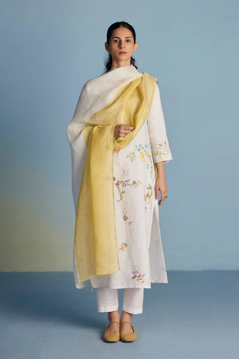 Emra Hand-Embroidered Linen Kurta Set - White linen by Manan in white color for women in Singapore