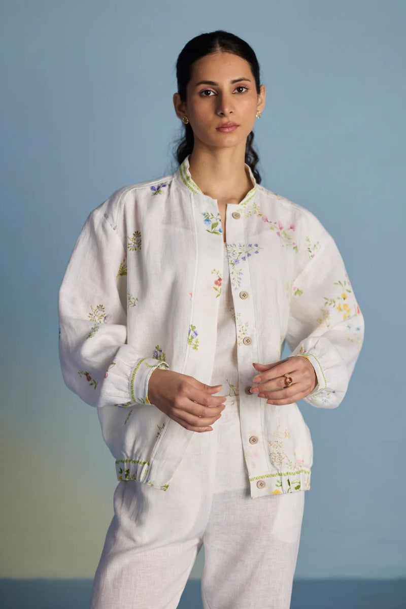 Kayu Floral Printed Bomber Jacket - White linen by Manan in white color for women in Singapore