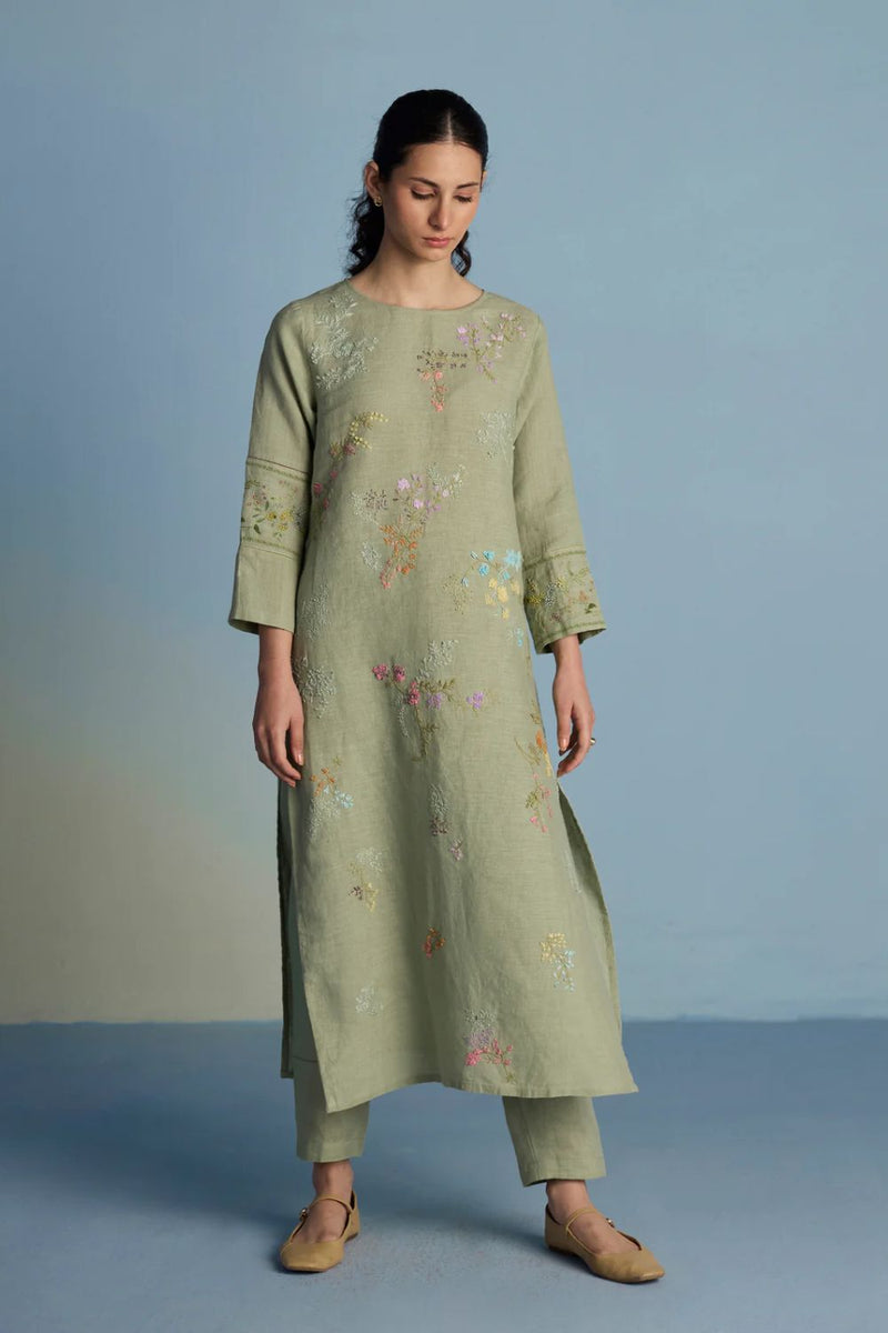 Emra Hand-Embroidered Linen Kurta - Mint linen by Manan in mint color for women in Singapore