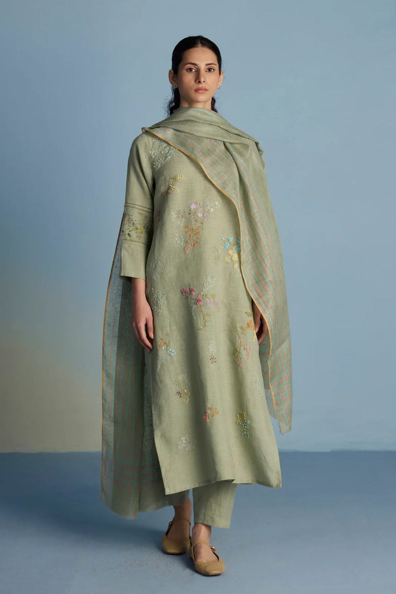 Emra Hand-Embroidered Linen Kurta Set - Mint linen by Manan in mint color for women in Singapore