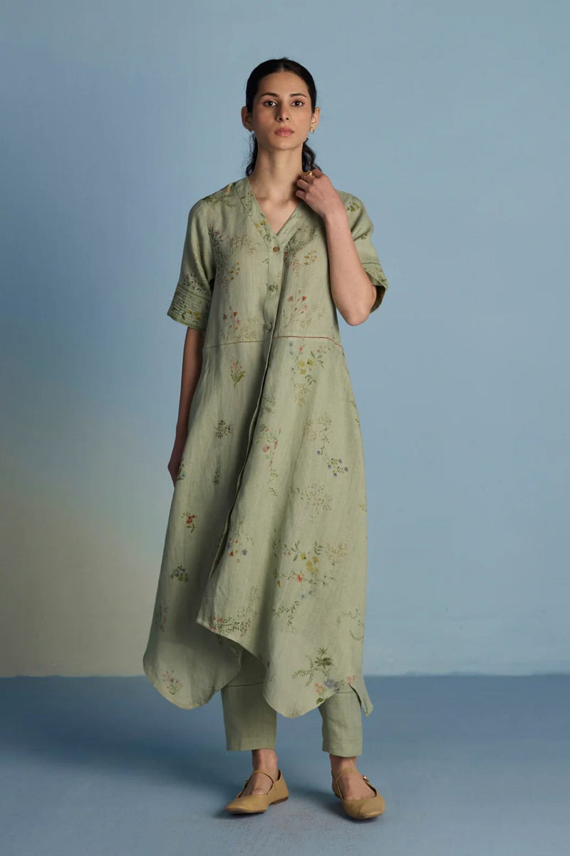 Inoya Shirt Kurta with Handkerchief Hem - Mint linen by Manan in mint color for women in Singapore