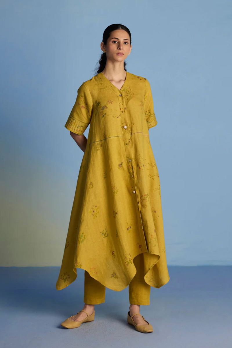 Inoya Shirt Kurta with Handkerchief Hem - Ochre linen by Manan for women in Singapore