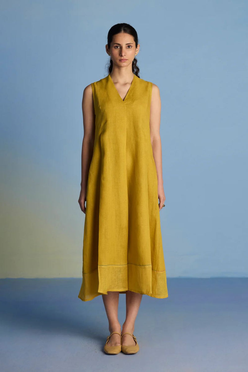 Ita Pleated Linen Dress - Ochre linen by Manan for women in Singapore
