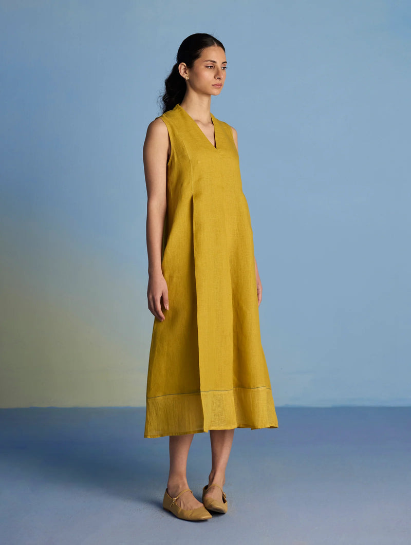 Ita Pleated Linen Dress - Ochre linen by Manan for women in Singapore
