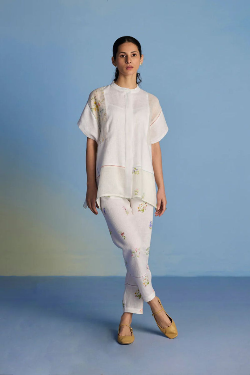 Aboli Patchwork Linen Shirt - White linen by Manan in white color for women in Singapore