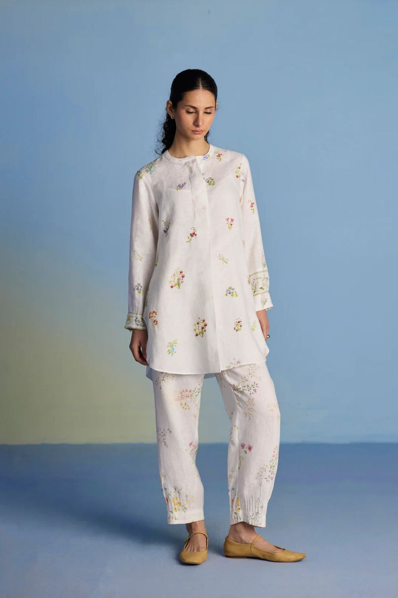 Anya Hand-Embroidered Floral Linen Co-ord Set - White linen by Manan in white color for women in Singapore