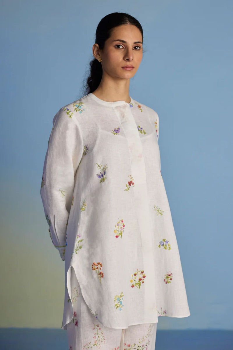 Anya Hand-Embroidered Floral Linen Kurta - White linen by Manan in white color for women in Singapore