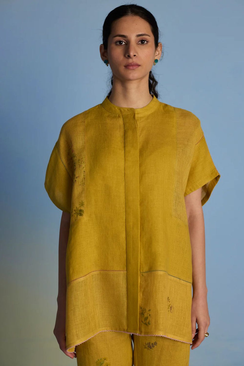 Aboli Patchwork Linen Shirt - Ochre linen by Manan in mint color for women in Singapore