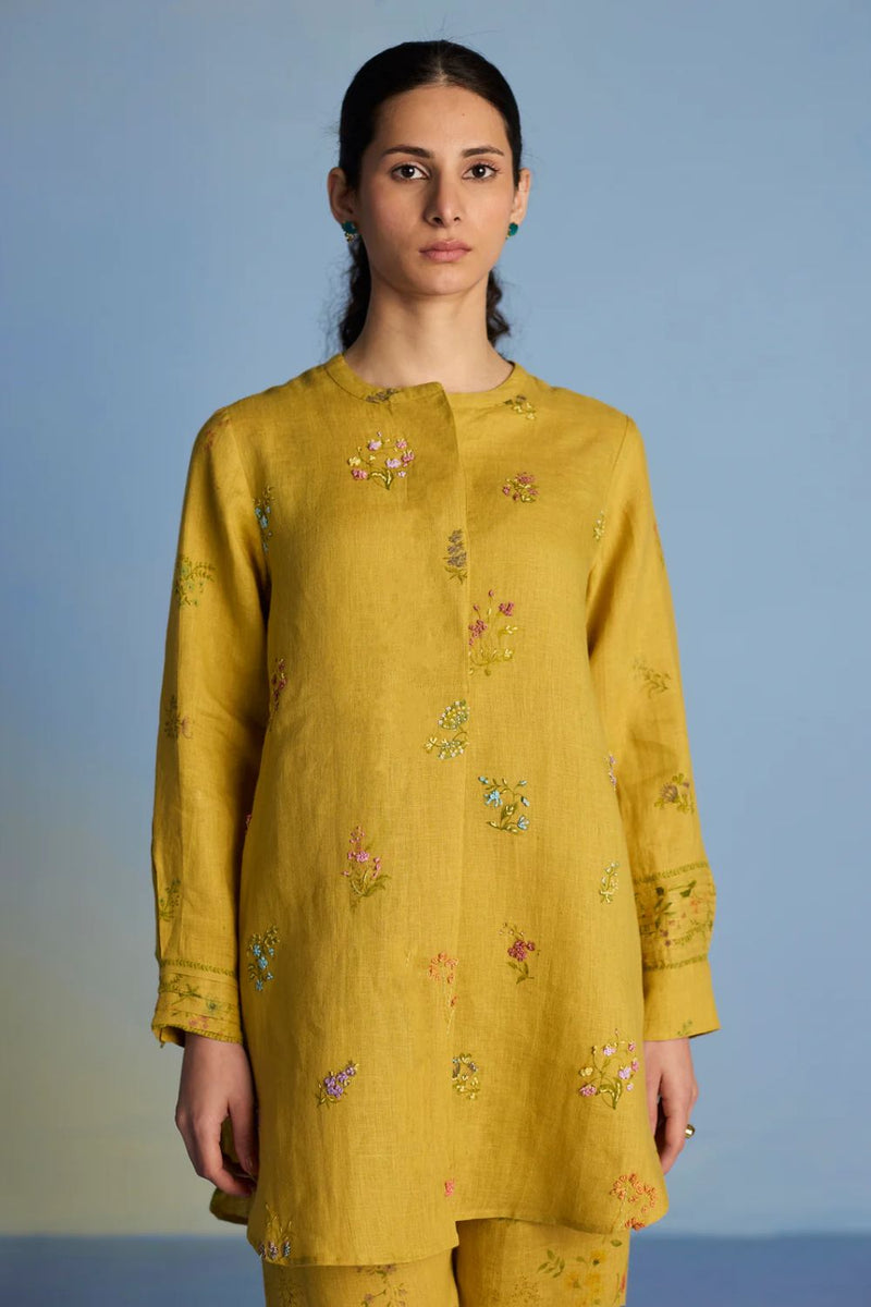 Anya Hand-Embroidered Floral Linen Kurta - Ochre linen by Manan for women in Singapore