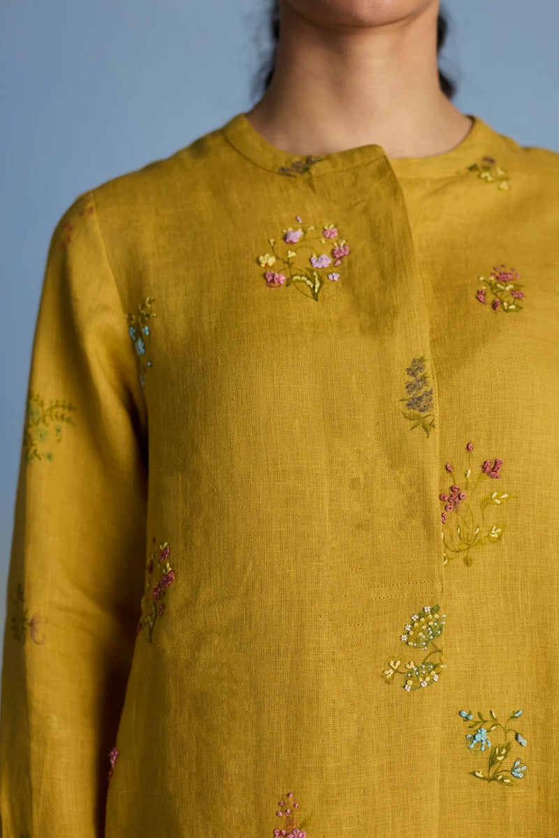 Anya Hand-Embroidered Floral Linen Kurta - Ochre linen by Manan for women in Singapore