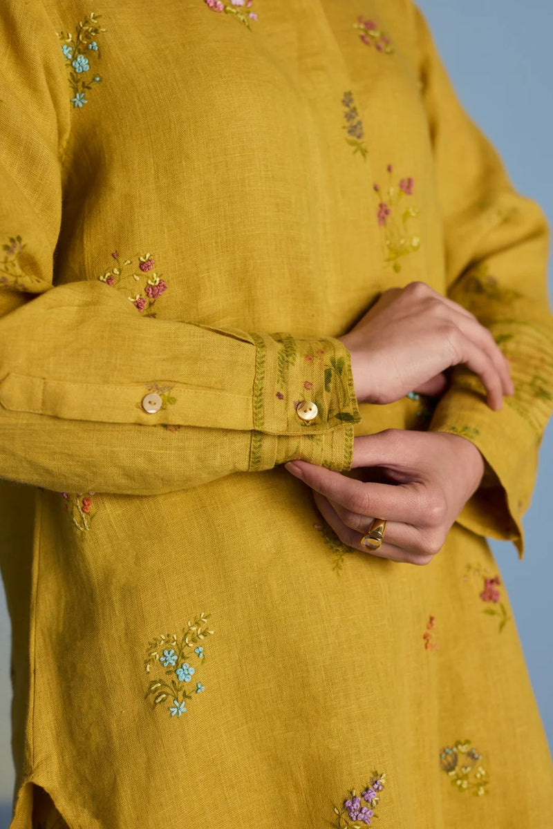 Anya Hand-Embroidered Floral Linen Kurta - Ochre linen by Manan for women in Singapore