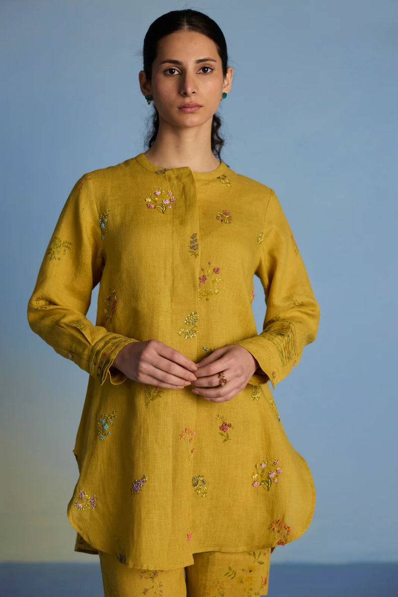 Anya Hand-Embroidered Floral Linen Kurta - Ochre linen by Manan for women in Singapore