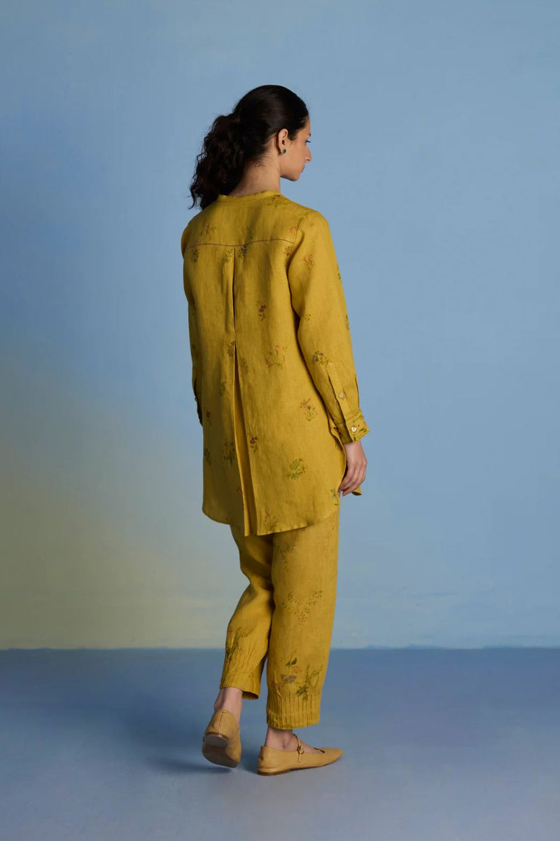 Anya Hand-Embroidered Floral Linen Kurta - Ochre linen by Manan for women in Singapore