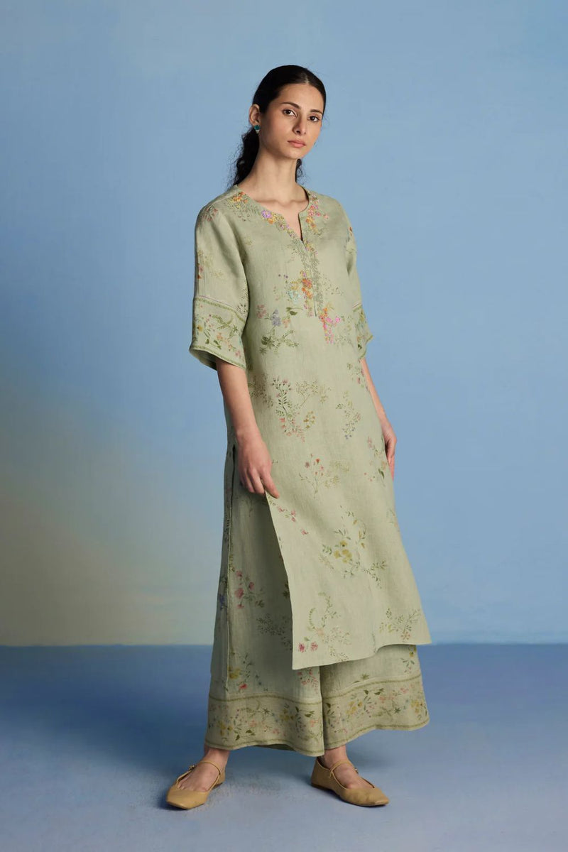 Para Hand-Embroidered Linen Kurta - Mint linen by Manan in mint color for women in Singapore