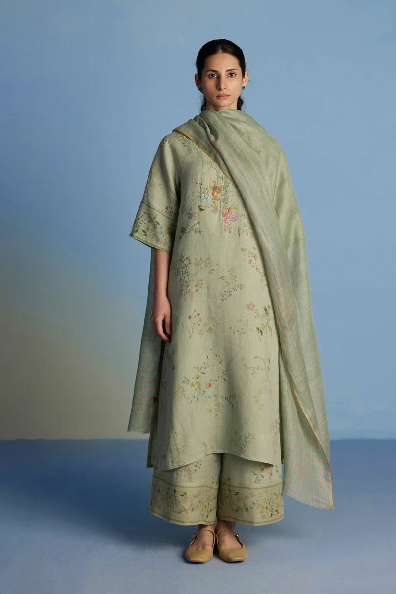 Para Hand-Embroidered Linen Kurta Set - Mint linen by Manan in mint color for women in Singapore