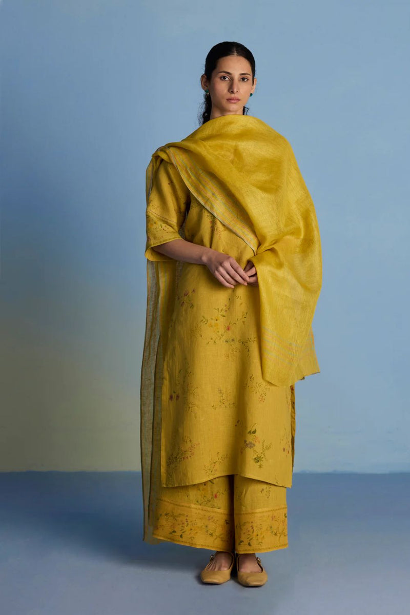 Para Hand-Embroidered Linen Kurta Set - Ochre linen by Manan for women in Singapore