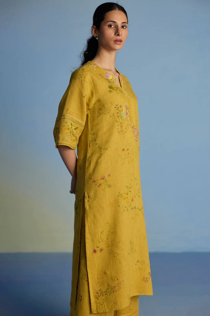 Para Hand-Embroidered Linen Kurta - Ochre linen by Manan for women in Singapore