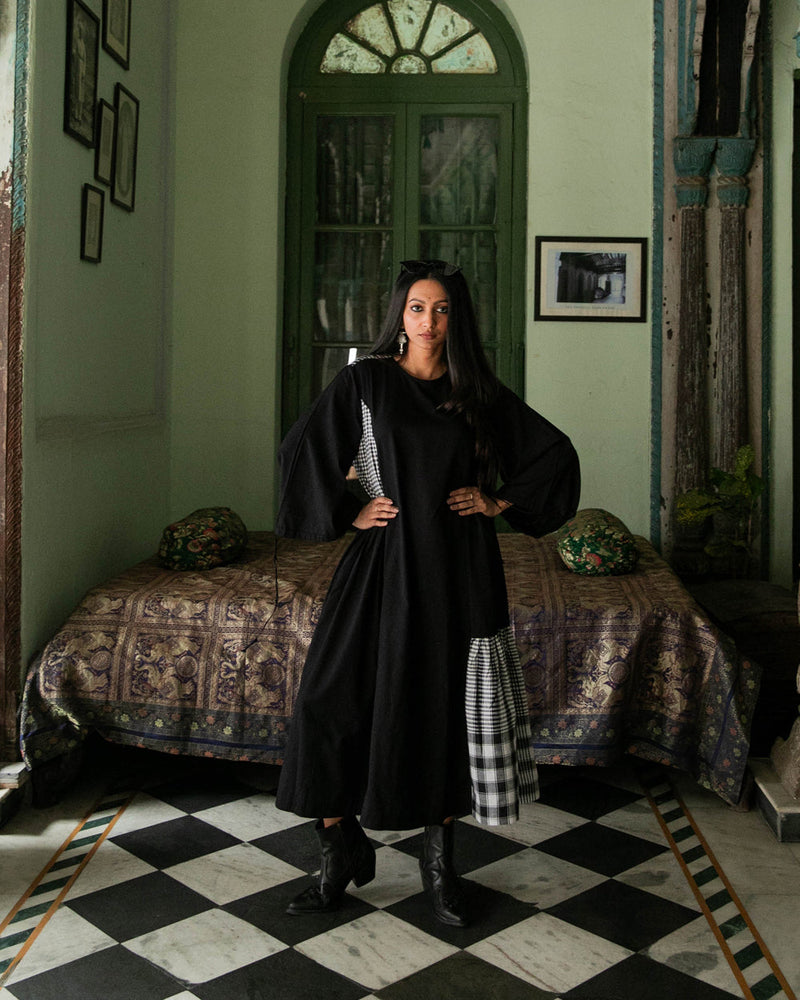 The Magpie Robin Dress cotton,gamcha dress by 145 East in black for women in Singapore
