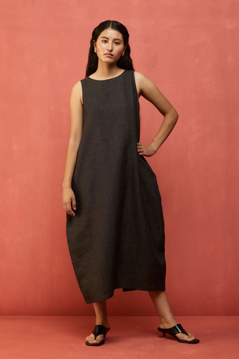 Juro Linen Parabola Dress - Charcoal linen by Manan in charcoal color for women in Singapore