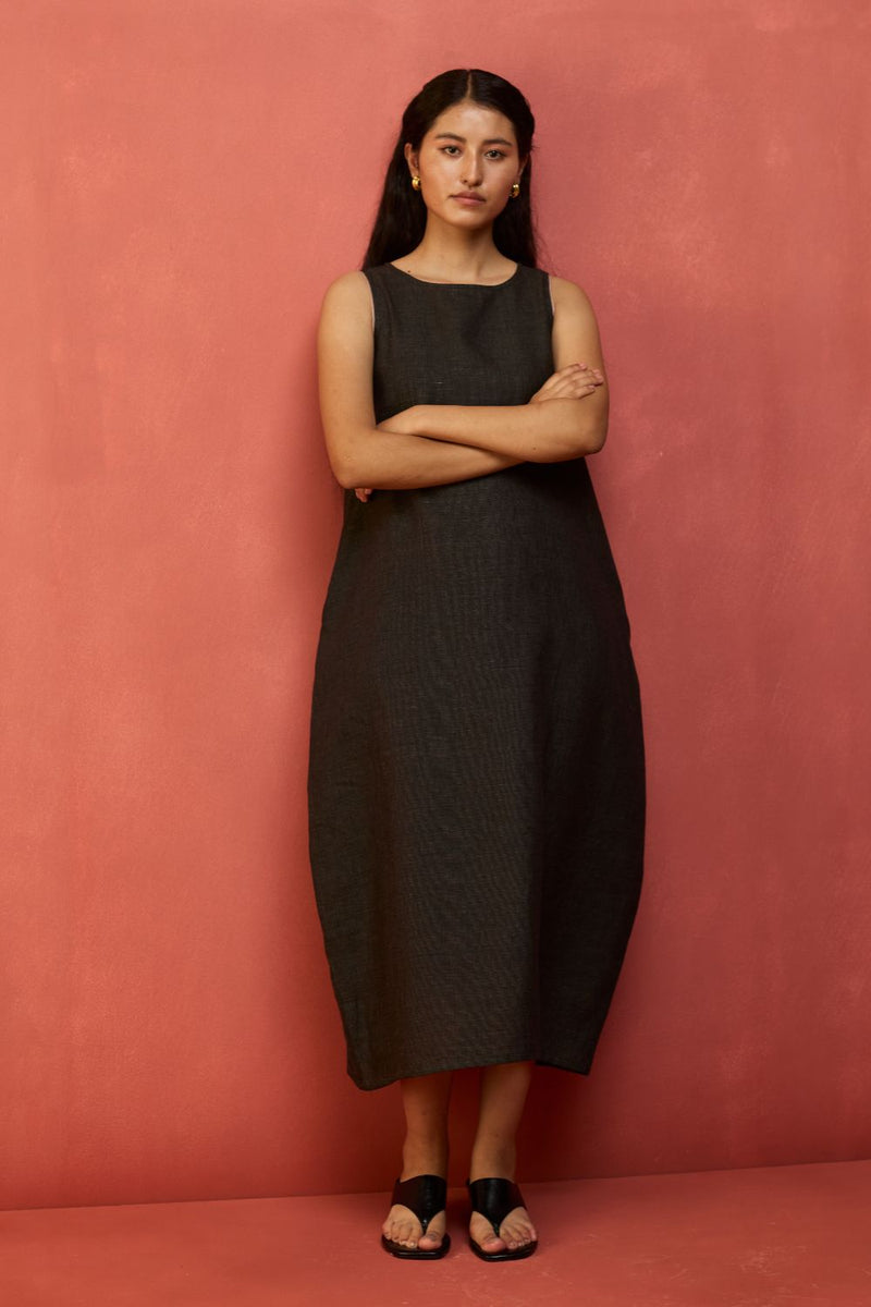 Juro Linen Parabola Dress - Charcoal linen by Manan in charcoal color for women in Singapore