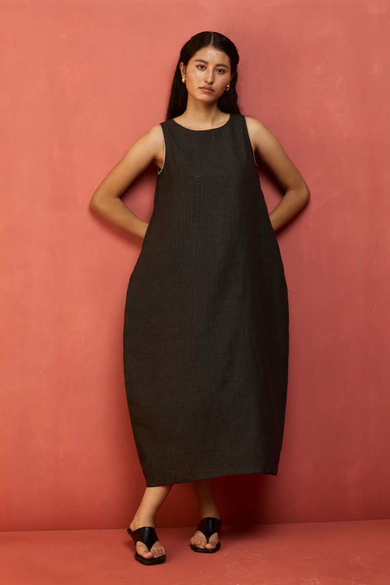 Juro Linen Parabola Dress - Charcoal linen by Manan in charcoal color for women in Singapore