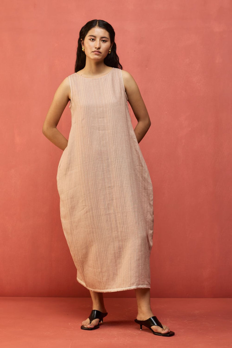 Juro Stripe Linen Parabola Dress - Rose linen by Manan in blush color for women in Singapore