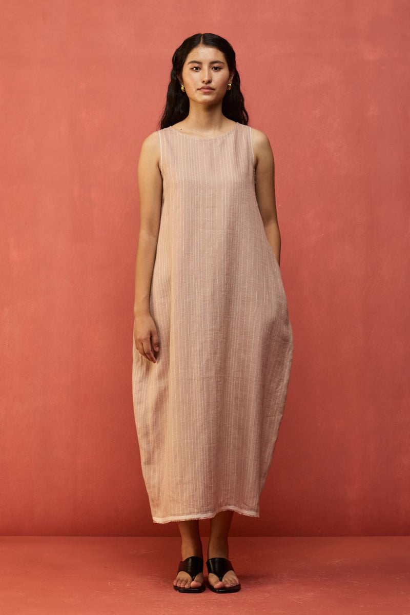 Juro Stripe Linen Parabola Dress - Rose linen by Manan in blush color for women in Singapore