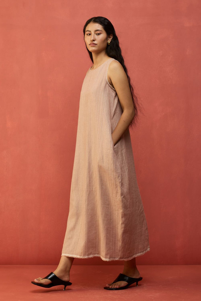 Juro Stripe Linen Parabola Dress - Rose linen by Manan in blush color for women in Singapore