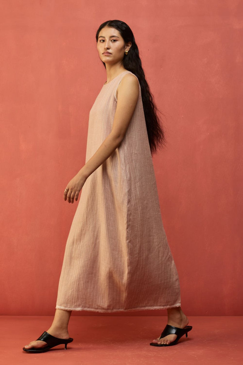 Juro Stripe Linen Parabola Dress - Rose linen by Manan in blush color for women in Singapore