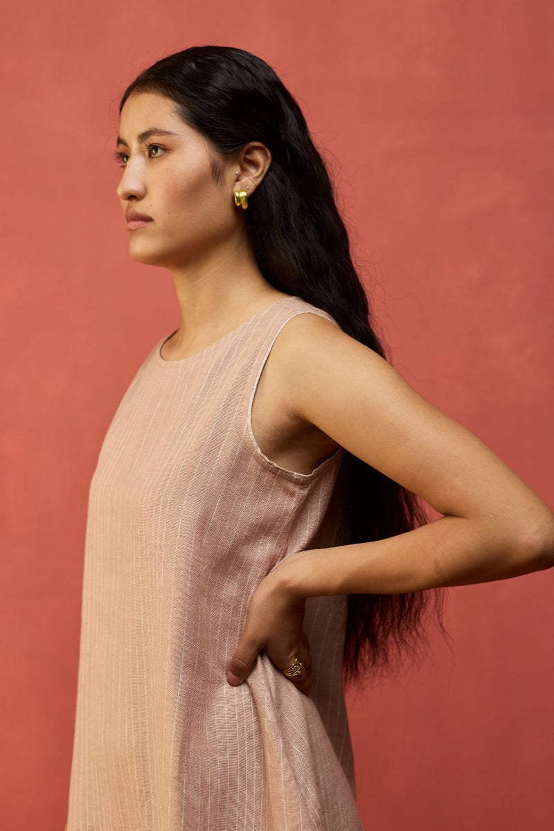 Juro Stripe Linen Parabola Dress - Rose linen by Manan in blush color for women in Singapore