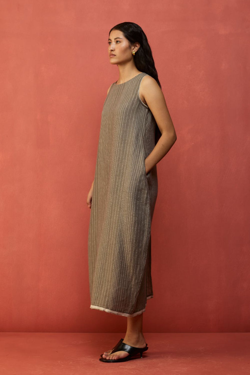 Juro Stripe Linen Parabola Dress - Grey linen by Manan in grey color for women in Singapore