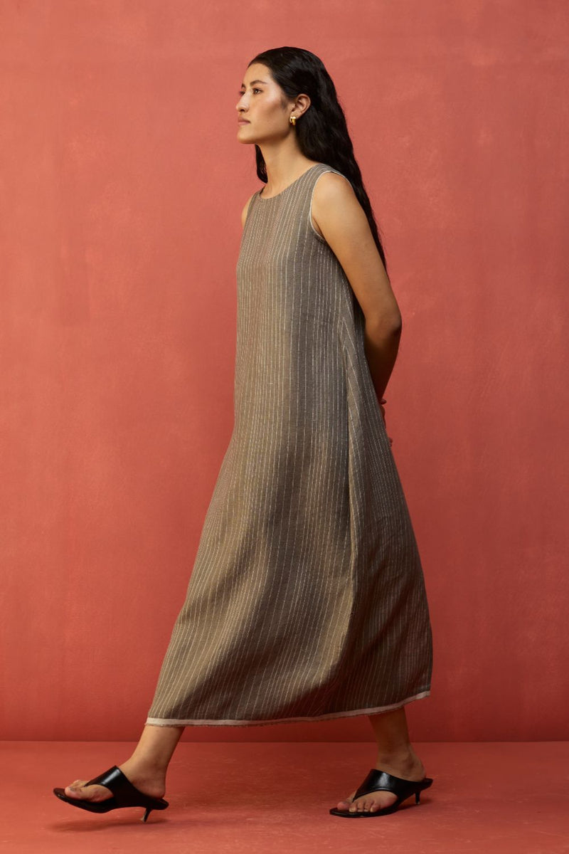 Juro Stripe Linen Parabola Dress - Grey linen by Manan in grey color for women in Singapore