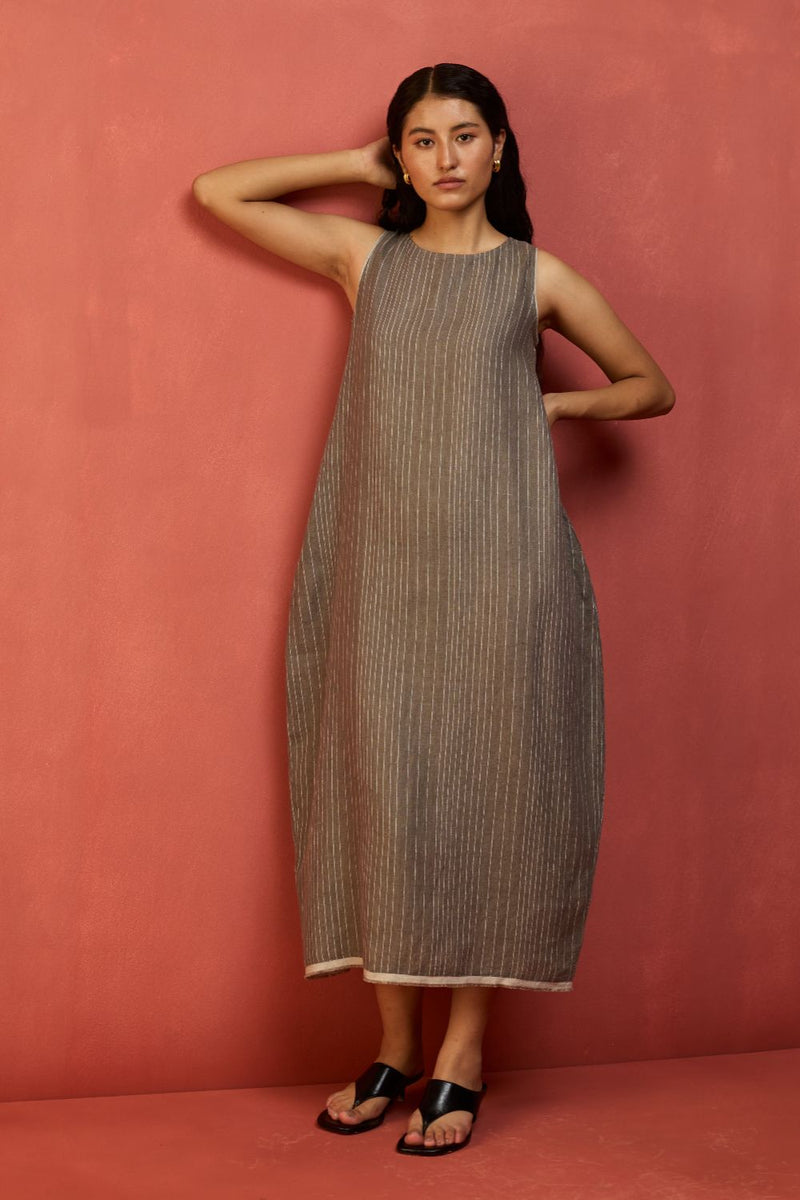 Juro Stripe Linen Parabola Dress - Grey linen by Manan in grey color for women in Singapore