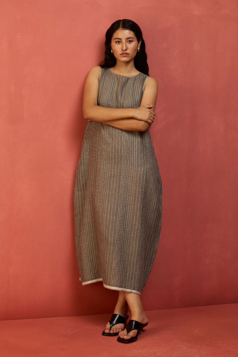 Juro Stripe Linen Parabola Dress - Grey linen by Manan in grey color for women in Singapore