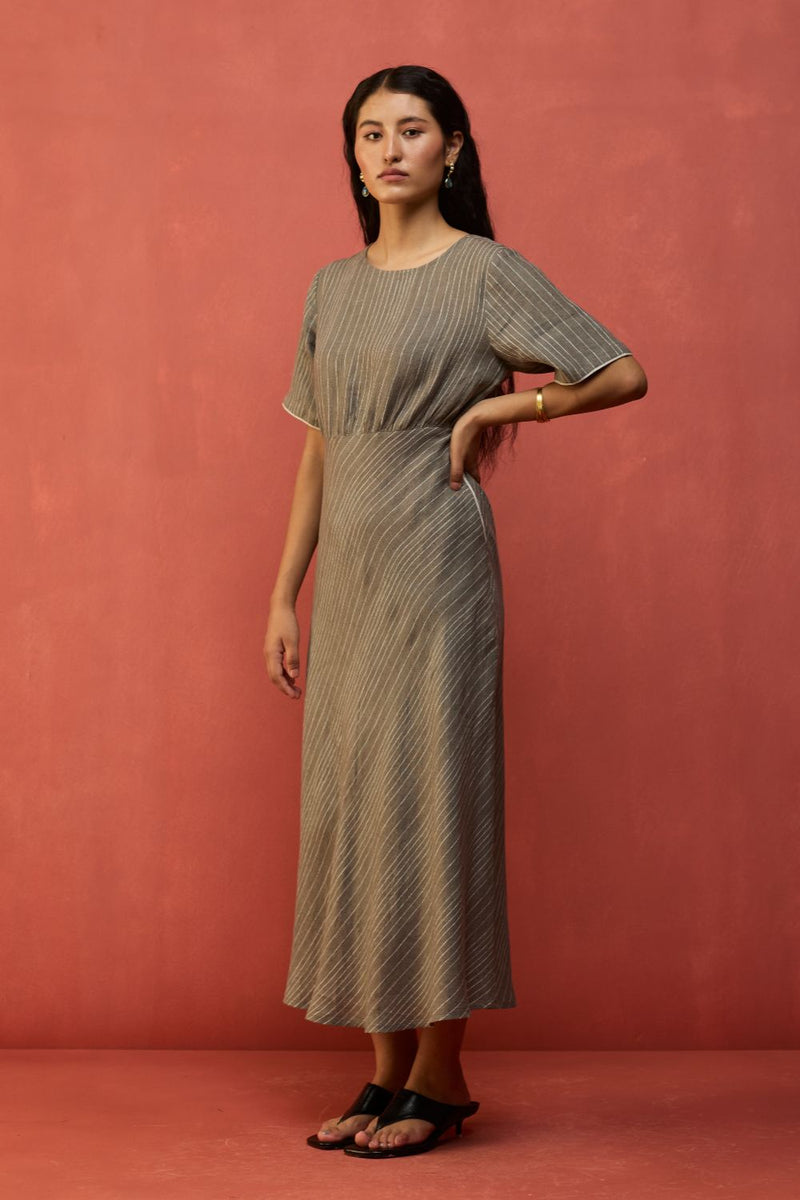 Fumi Bias Skirt Stripe Linen Dress - Grey linen by Manan in grey color for women in Singapore