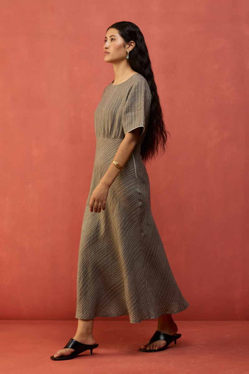 Fumi Bias Skirt Stripe Linen Dress - Grey linen by Manan in grey color for women in Singapore