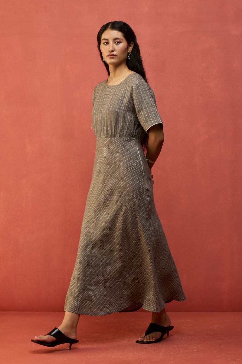 Fumi Bias Skirt Stripe Linen Dress - Grey linen by Manan in grey color for women in Singapore