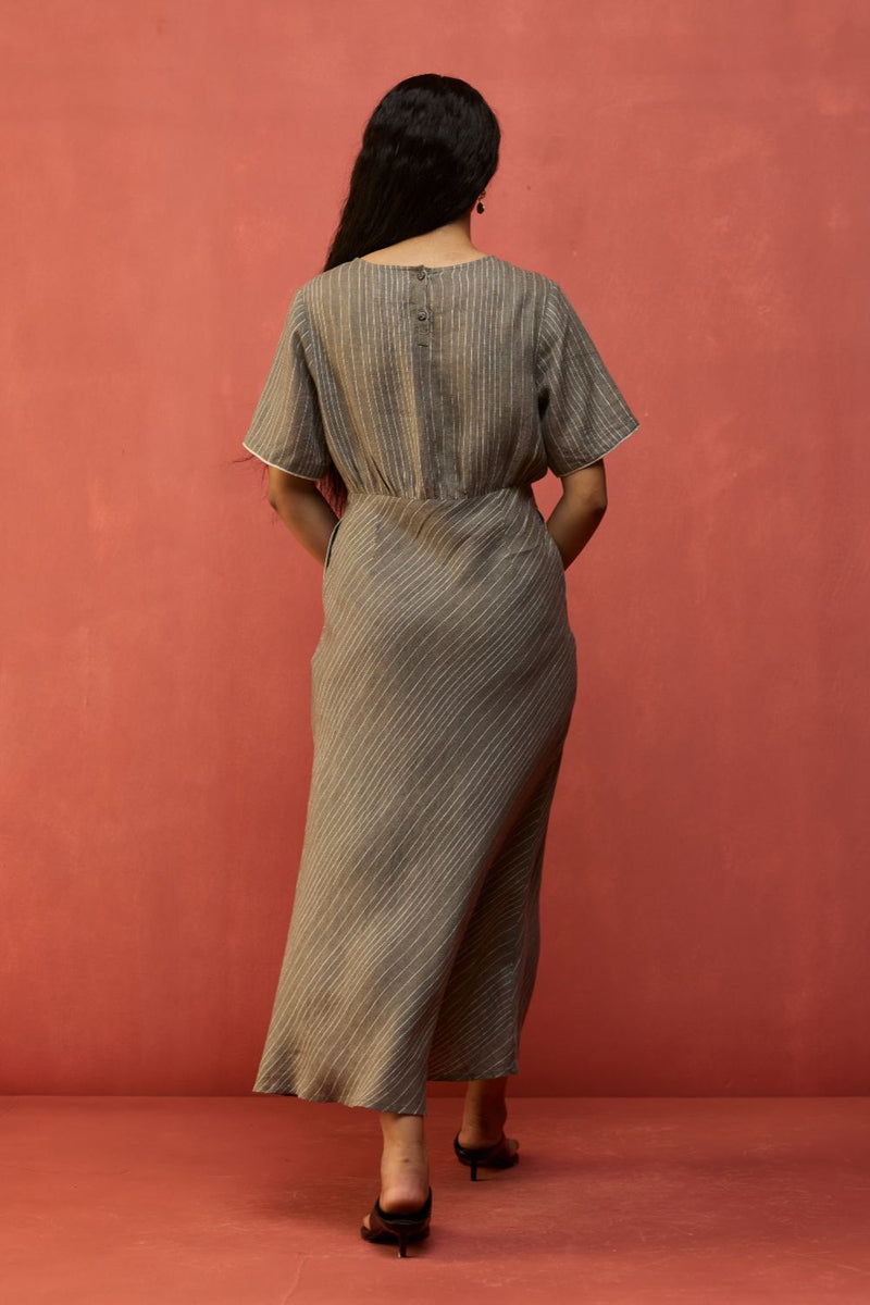 Fumi Bias Skirt Stripe Linen Dress - Grey linen by Manan in grey color for women in Singapore